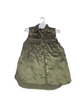 Nicole Miller Olive Satin Sleeveless Button Shirt M